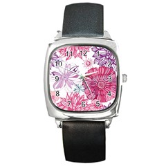 Violet Floral Pattern Square Metal Watch by Cemarart