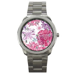 Violet Floral Pattern Sport Metal Watch by Cemarart