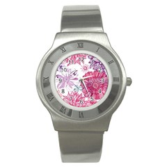 Violet Floral Pattern Stainless Steel Watch by Cemarart