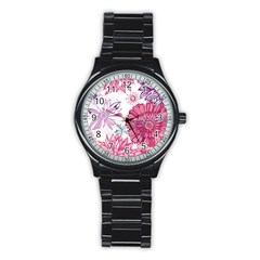 Violet Floral Pattern Stainless Steel Round Watch by Cemarart