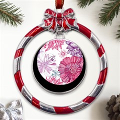 Violet Floral Pattern Metal Red Ribbon Round Ornament by Cemarart