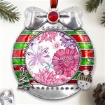 Violet Floral Pattern Metal X Mas Ribbon With Red Crystal Round Ornament Front