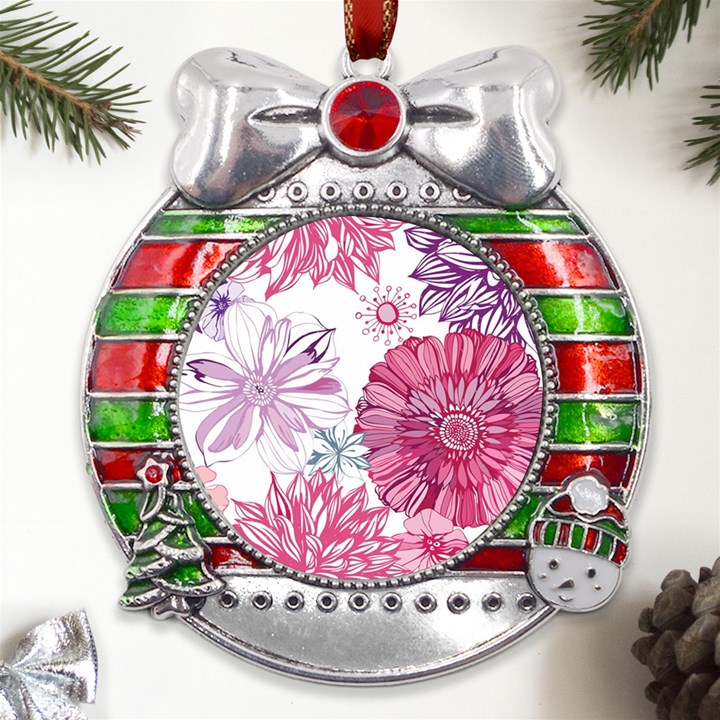 Violet Floral Pattern Metal X Mas Ribbon With Red Crystal Round Ornament