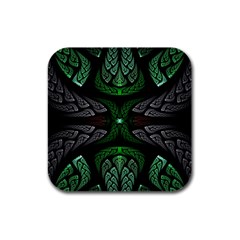 Fractal Green Black 3d Art Floral Pattern Rubber Square Coaster (4 Pack) by Cemarart