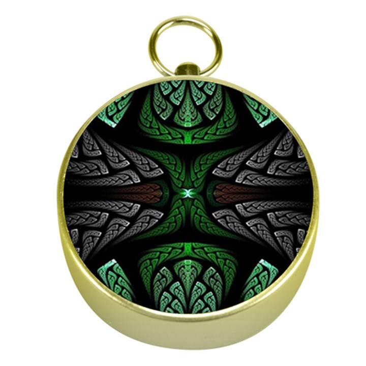 Fractal Green Black 3d Art Floral Pattern Gold Compasses