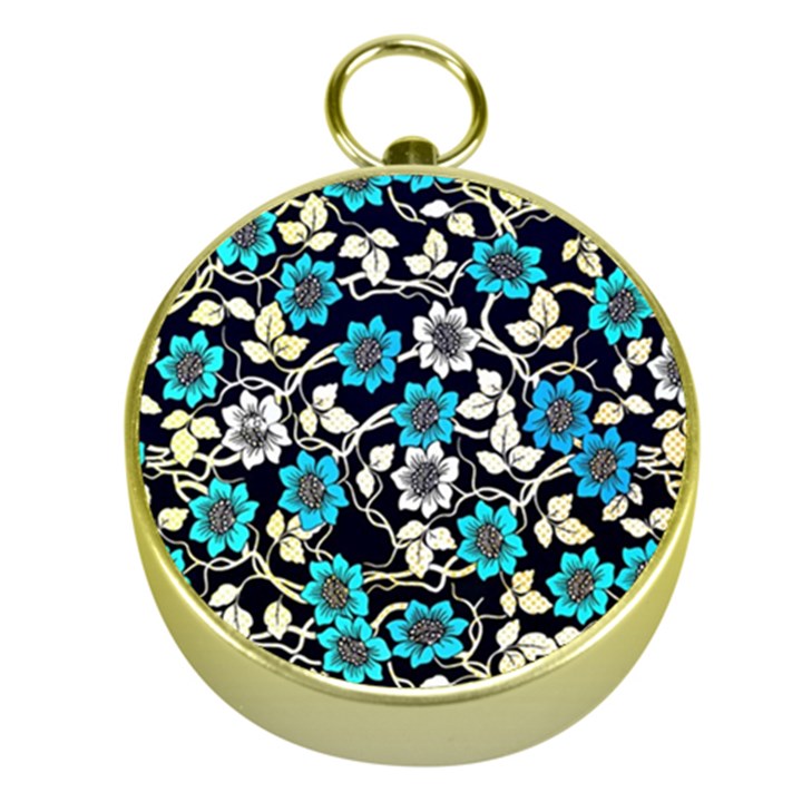 Blue Flower Floral Flora Naure Pattern Gold Compasses