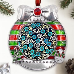 Blue Flower Floral Flora Naure Pattern Metal X mas Ribbon With Red Crystal Round Ornament by Cemarart