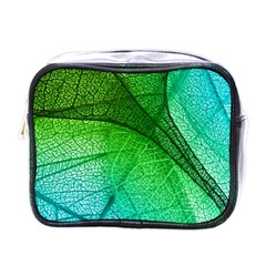 3d Leaves Texture Sheet Blue Green Mini Toiletries Bag (one Side) by Cemarart