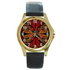 Fractal Floral Flora Ring Colorful Neon Art Round Gold Metal Watch by Cemarart