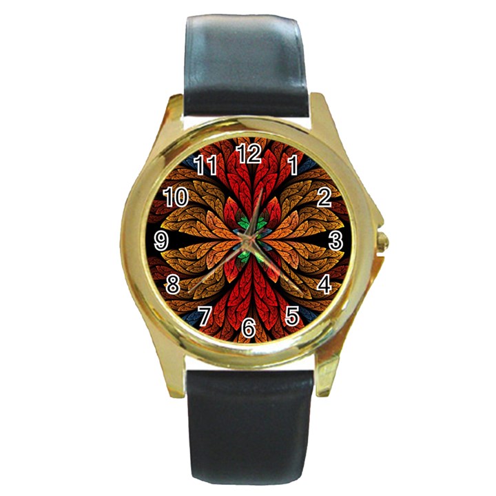 Fractal Floral Flora Ring Colorful Neon Art Round Gold Metal Watch