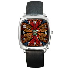 Fractal Floral Flora Ring Colorful Neon Art Square Metal Watch by Cemarart