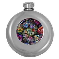 Floral Fractal 3d Art Pattern Round Hip Flask (5 Oz) by Cemarart