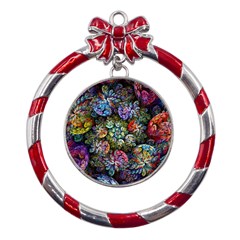 Floral Fractal 3d Art Pattern Metal Red Ribbon Round Ornament by Cemarart