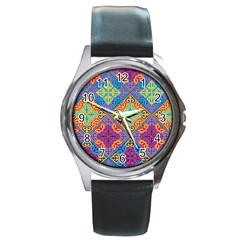 Colorful Flora Flora Kazakh Pattern Round Metal Watch