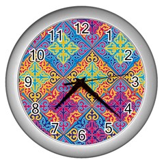 Colorful Flora Flora Kazakh Pattern Wall Clock (Silver)