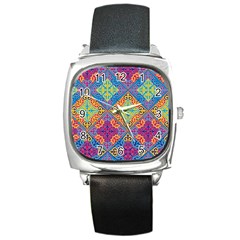 Colorful Flora Flora Kazakh Pattern Square Metal Watch