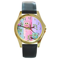 Owls Family Stripe Tree Round Gold Metal Watch by Bedest