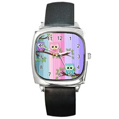 Owls Family Stripe Tree Square Metal Watch by Bedest