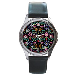 Mexican Folk Art Seamless Pattern Round Metal Watch by Bedest