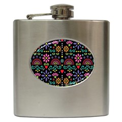 Mexican Folk Art Seamless Pattern Hip Flask (6 Oz) by Bedest