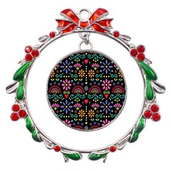 Mexican Folk Art Seamless Pattern Metal X mas Wreath Ribbon Ornament by Bedest