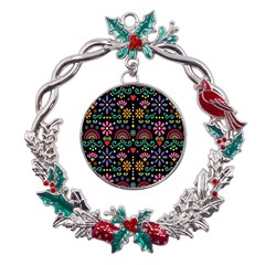 Mexican Folk Art Seamless Pattern Metal X mas Wreath Holly Leaf Ornament by Bedest