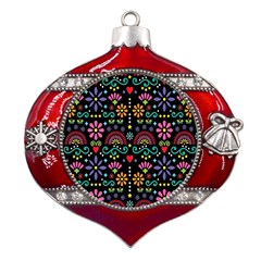 Mexican Folk Art Seamless Pattern Metal Snowflake And Bell Red Ornament by Bedest