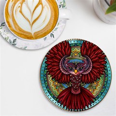 Colorful Owl Art Red Owl Uv Print Round Tile Coaster by Bedest