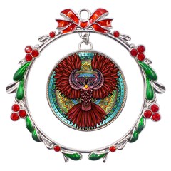 Colorful Owl Art Red Owl Metal X mas Wreath Ribbon Ornament by Bedest