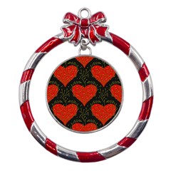 Love Hearts Pattern Style Metal Red Ribbon Round Ornament by Grandong