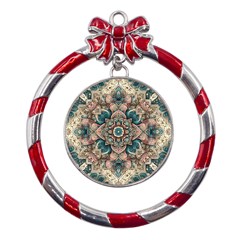 Floral Flora Flower Flowers Nature Pattern Metal Red Ribbon Round Ornament by Grandong