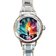 Starry Night Wanderlust: A Whimsical Adventure Round Italian Charm Watch by stine1