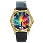 Starry Night Wanderlust: A Whimsical Adventure Round Gold Metal Watch Front