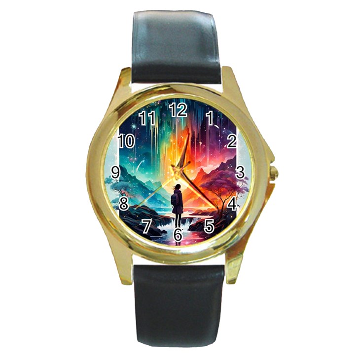 Starry Night Wanderlust: A Whimsical Adventure Round Gold Metal Watch