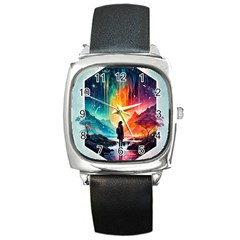 Starry Night Wanderlust: A Whimsical Adventure Square Metal Watch by stine1