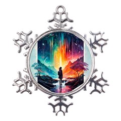 Starry Night Wanderlust: A Whimsical Adventure Metal Large Snowflake Ornament by stine1