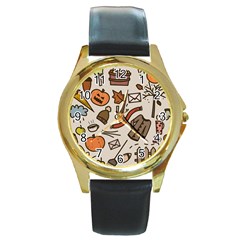 Halloween Doodle Autumn Pumpkin Round Gold Metal Watch by Bedest