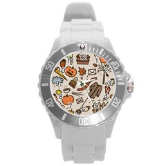 Halloween Doodle Autumn Pumpkin Round Plastic Sport Watch (l) by Bedest