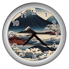 Hokusai Moutains Japan Wall Clock (silver) by Bedest