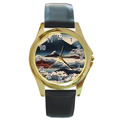 Hokusai Moutains Japan Round Gold Metal Watch by Bedest