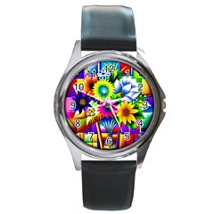 Flower Vase Flower Collage Pop Art Round Metal Watch by Bedest