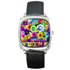 Flower Vase Flower Collage Pop Art Square Metal Watch by Bedest