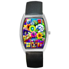 Flower Vase Flower Collage Pop Art Barrel Style Metal Watch by Bedest