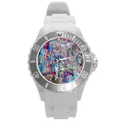 Layered Waves Round Plastic Sport Watch (l) by kaleidomarblingart