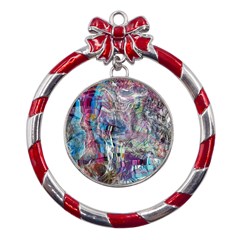 Layered Waves Metal Red Ribbon Round Ornament by kaleidomarblingart