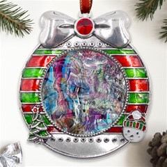 Layered Waves Metal X mas Ribbon With Red Crystal Round Ornament