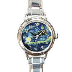 Spaceship Starry Night Van Gogh Painting Round Italian Charm Watch by Maspions