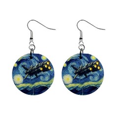 Spaceship Starry Night Van Gogh Painting Mini Button Earrings by Maspions