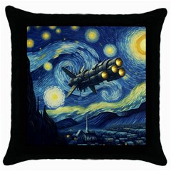 Spaceship Starry Night Van Gogh Painting Throw Pillow Case (black)