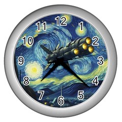 Spaceship Starry Night Van Gogh Painting Wall Clock (silver)